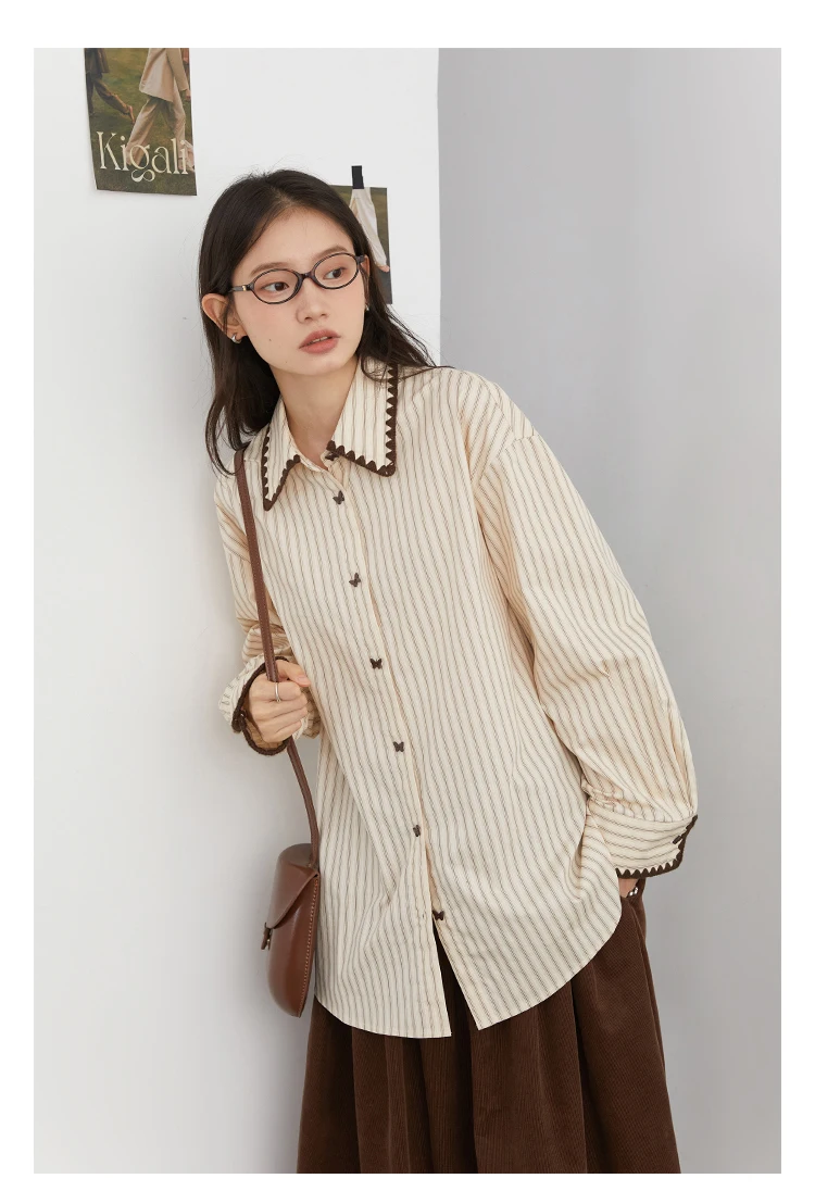 CHIC VEN Fashion Women Shirt Loose Striped Long Sleeve Female Blouses Butterfly Button Cotton Girl Coat Autumn Winter 2026