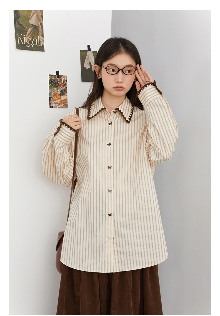CHIC VEN Fashion Women Shirt Loose Striped Long Sleeve Female Blouses Butterfly Button Cotton Girl Coat Autumn Winter 2026