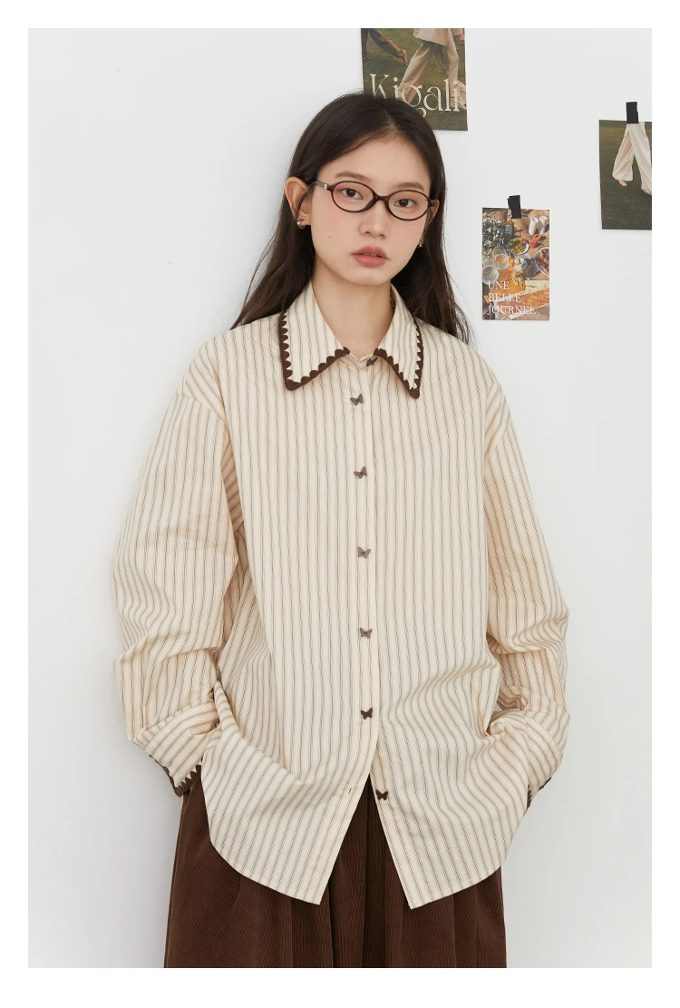CHIC VEN Fashion Women Shirt Loose Striped Long Sleeve Female Blouses Butterfly Button Cotton Girl Coat Autumn Winter 2026