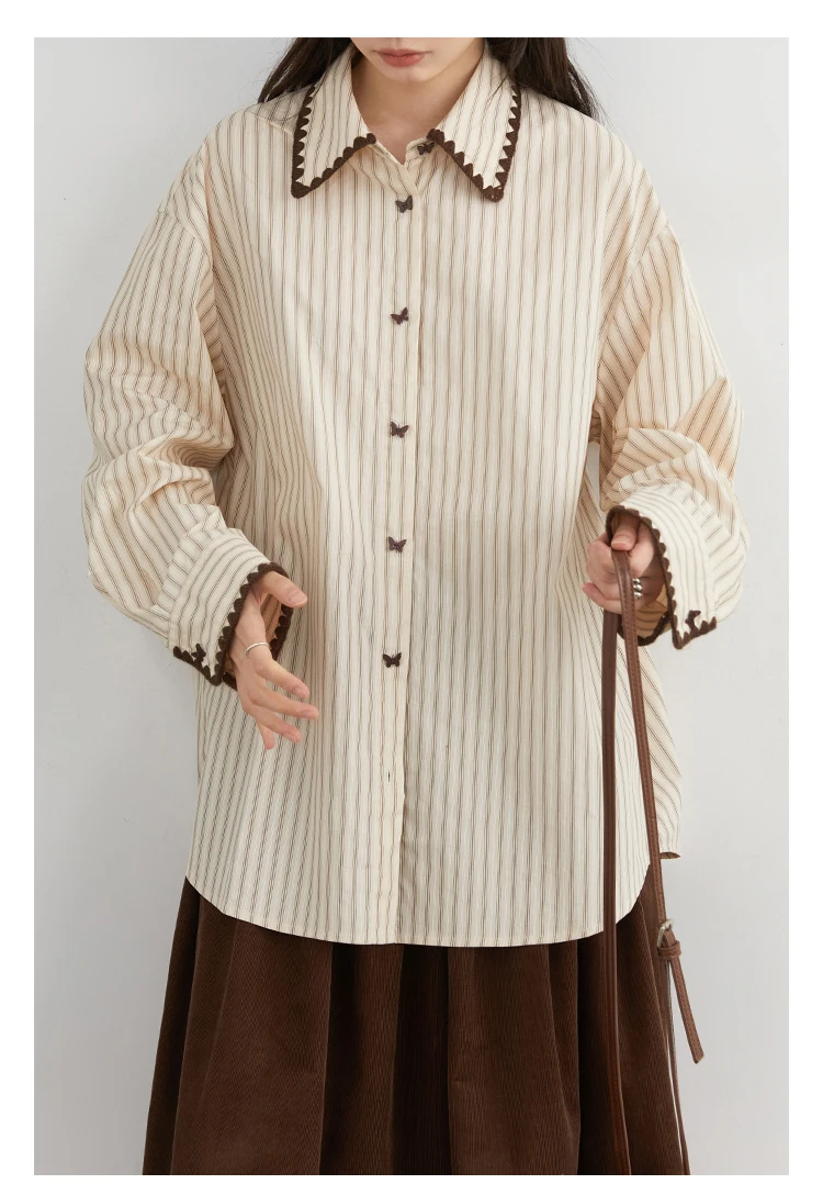 CHIC VEN Fashion Women Shirt Loose Striped Long Sleeve Female Blouses Butterfly Button Cotton Girl Coat Autumn Winter 2026