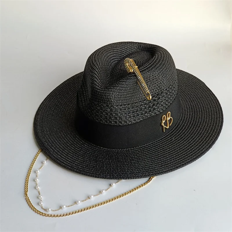 Beige straw hat pearl chain DIY flat top sun hat new Korean elastic ribbon hat beach hat candy color sun hat