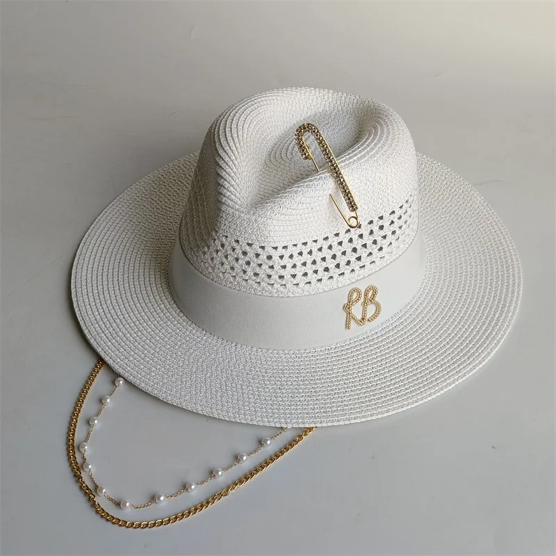 Beige straw hat pearl chain DIY flat top sun hat new Korean elastic ribbon hat beach hat candy color sun hat