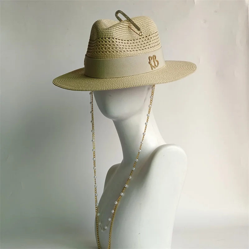 Beige straw hat pearl chain DIY flat top sun hat new Korean elastic ribbon hat beach hat candy color sun hat