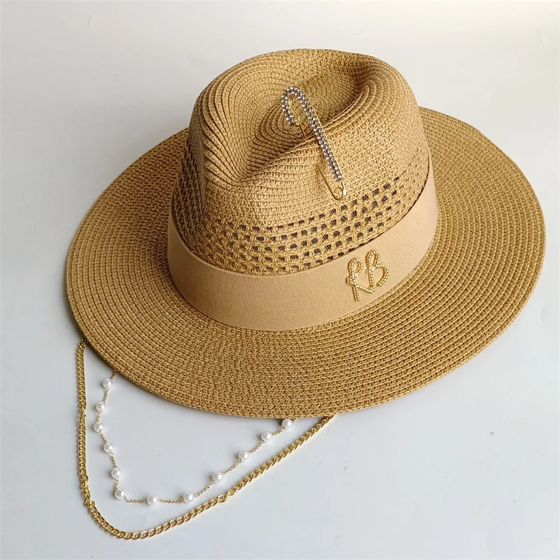 Beige straw hat pearl chain DIY flat top sun hat new Korean elastic ribbon hat beach hat candy color sun hat