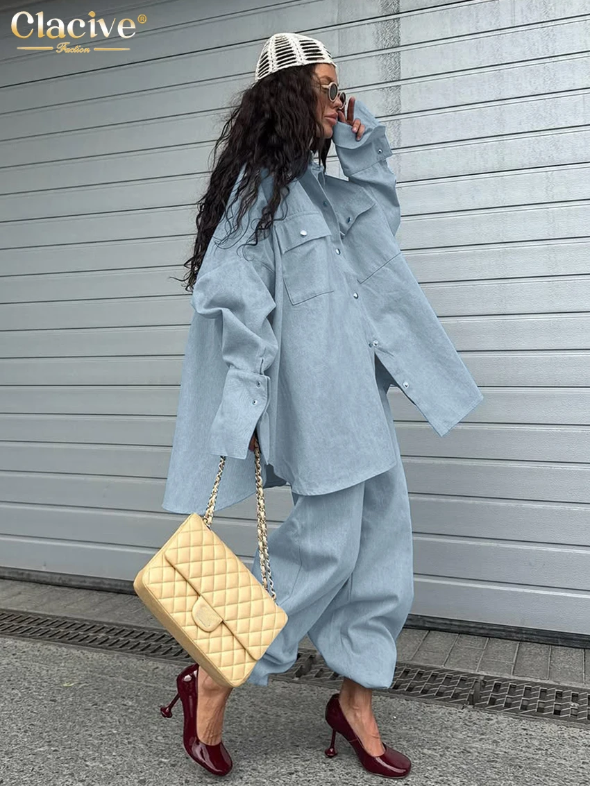 Clacive Fashion Loose Blue 2 Piece Set Women 2025 Elegant Long Sleeve Shirt With High Waist Wide Pants Set Female Clothing