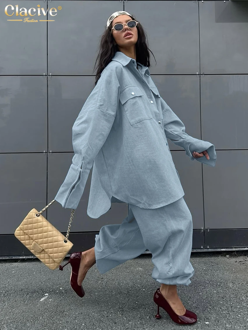 Clacive Fashion Loose Blue 2 Piece Set Women 2025 Elegant Long Sleeve Shirt With High Waist Wide Pants Set Female Clothing