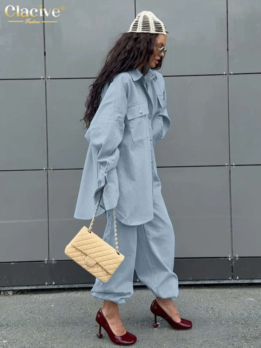 Clacive Fashion Loose Blue 2 Piece Set Women 2025 Elegant Long Sleeve Shirt With High Waist Wide Pants Set Female Clothing