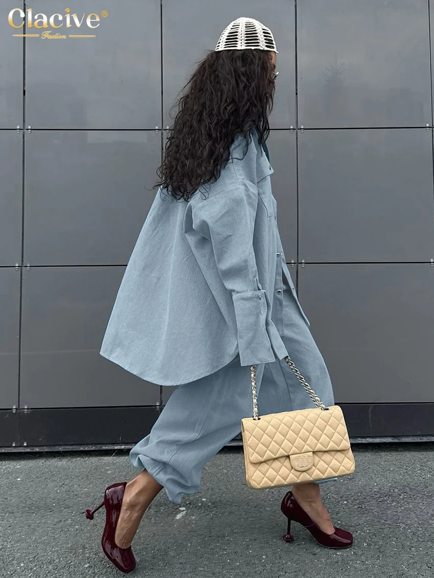 Clacive Fashion Loose Blue 2 Piece Set Women 2025 Elegant Long Sleeve Shirt With High Waist Wide Pants Set Female Clothing