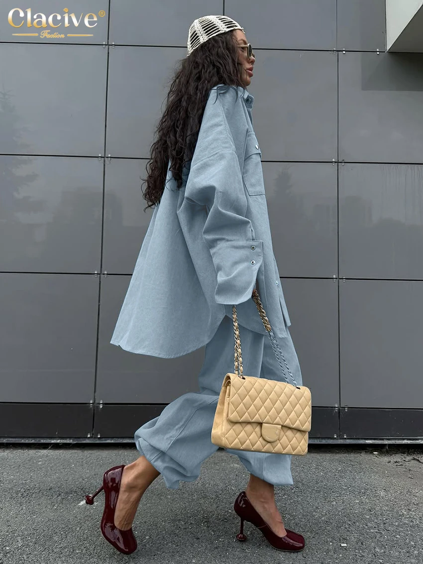 Clacive Fashion Loose Blue 2 Piece Set Women 2025 Elegant Long Sleeve Shirt With High Waist Wide Pants Set Female Clothing