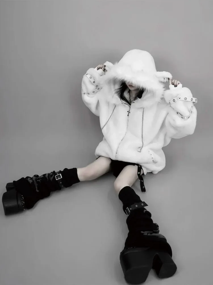 Kawaii Vintage Gothic Lolita Coat Women Harajuku Y2k Bear Ears Hooded Loose Plush Jacket Ropa Mujer Girls Sweet Warm Outwear