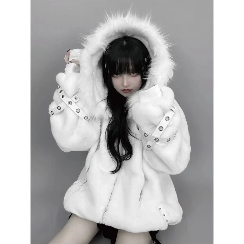 Kawaii Vintage Gothic Lolita Coat Women Harajuku Y2k Bear Ears Hooded Loose Plush Jacket Ropa Mujer Girls Sweet Warm Outwear