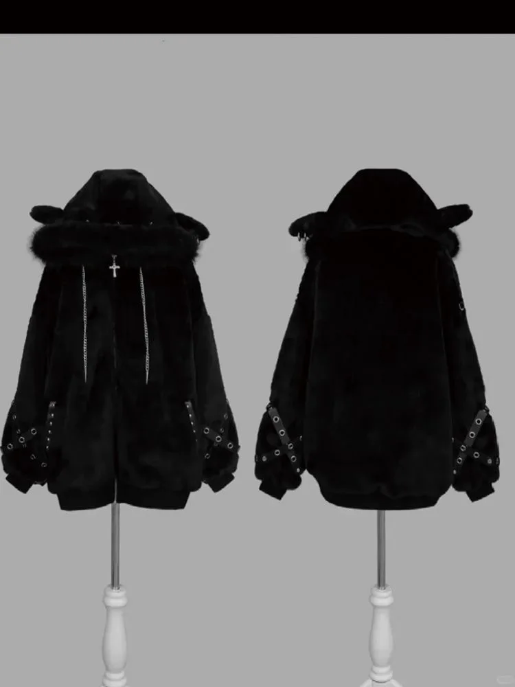 Kawaii Vintage Gothic Lolita Coat Women Harajuku Y2k Bear Ears Hooded Loose Plush Jacket Ropa Mujer Girls Sweet Warm Outwear