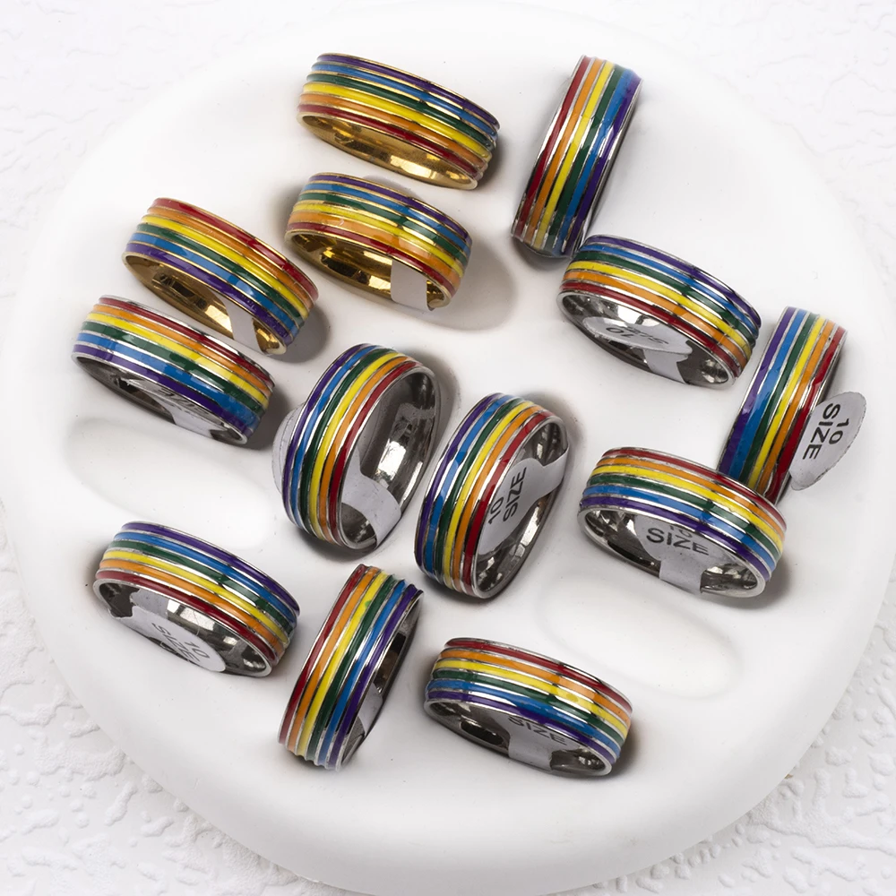 30pcs Wholesale 6 Row Color Enamel Waterproof Men Ring Rainbow Stripe Stainless Steel Ring For Women Colorful Band Ring Lovers G