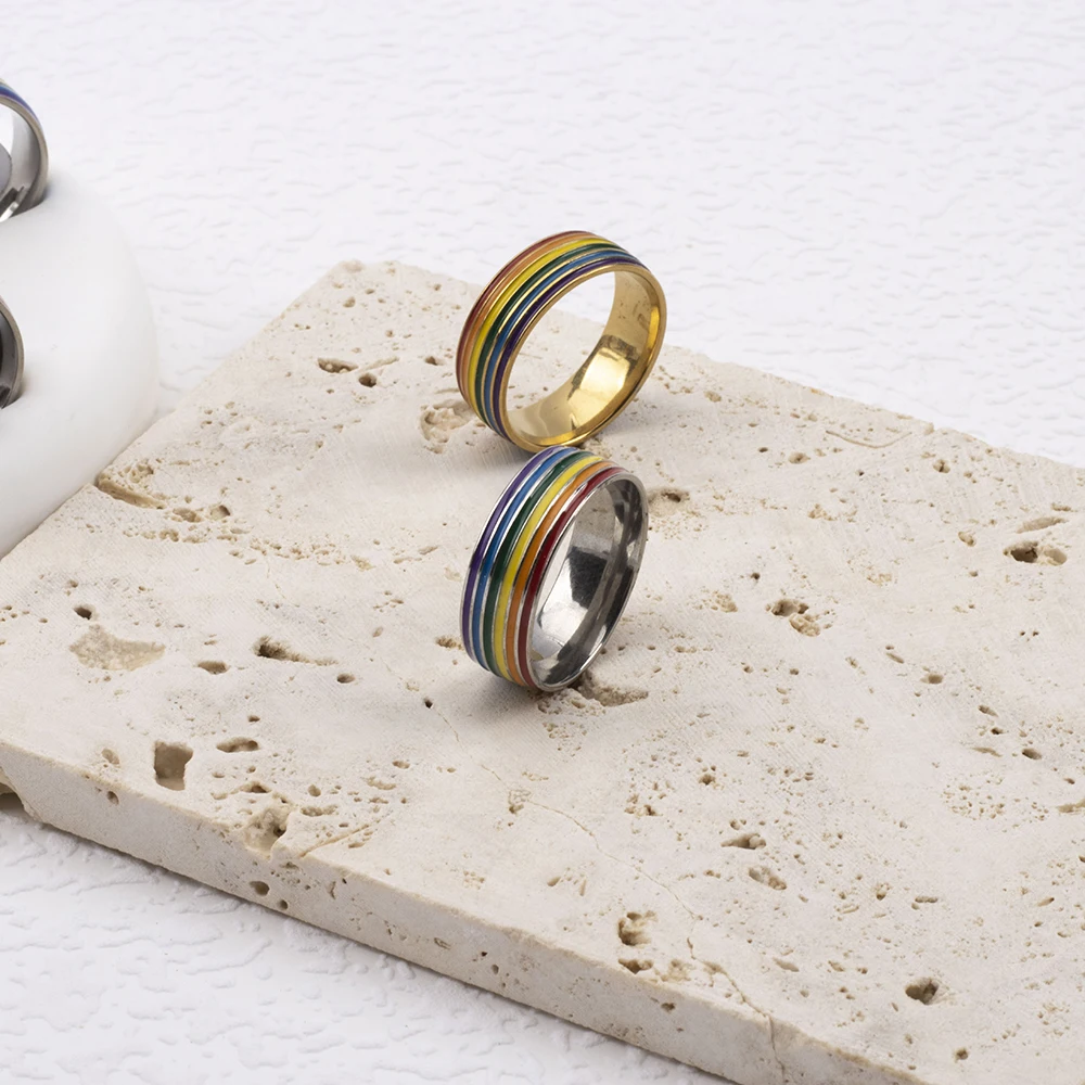 30pcs Wholesale 6 Row Color Enamel Waterproof Men Ring Rainbow Stripe Stainless Steel Ring For Women Colorful Band Ring Lovers G