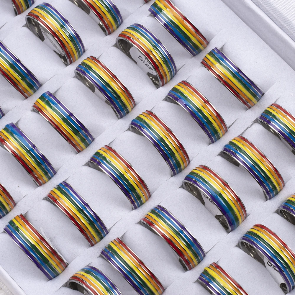 30pcs Wholesale 6 Row Color Enamel Waterproof Men Ring Rainbow Stripe Stainless Steel Ring For Women Colorful Band Ring Lovers G