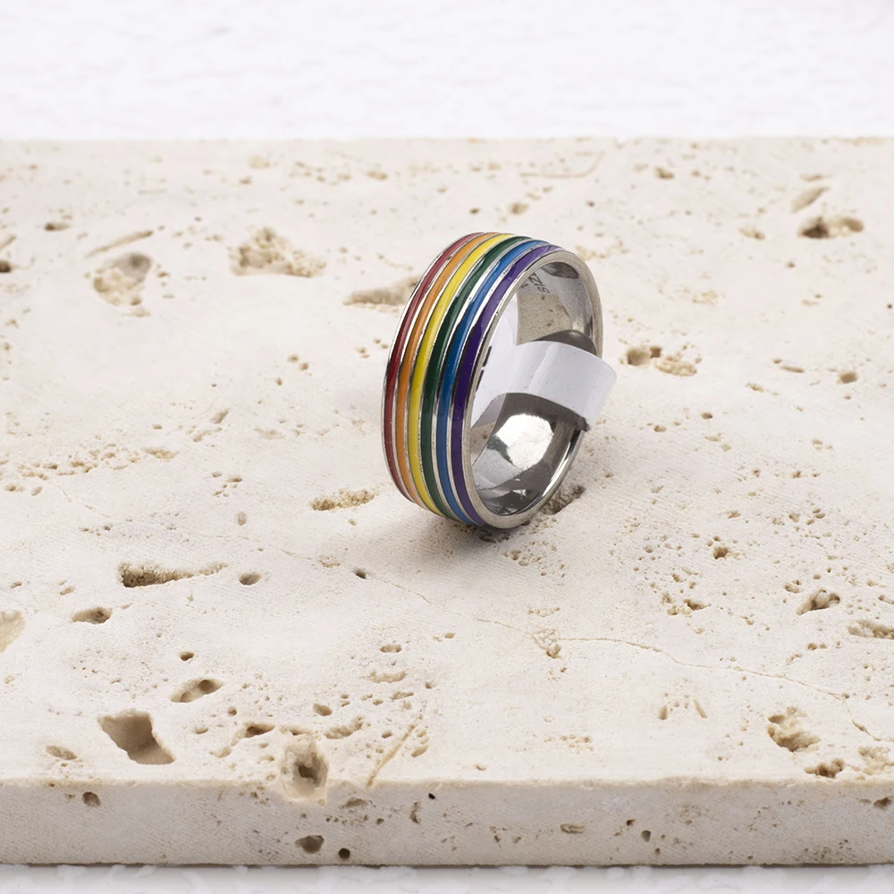 30pcs Wholesale 6 Row Color Enamel Waterproof Men Ring Rainbow Stripe Stainless Steel Ring For Women Colorful Band Ring Lovers G