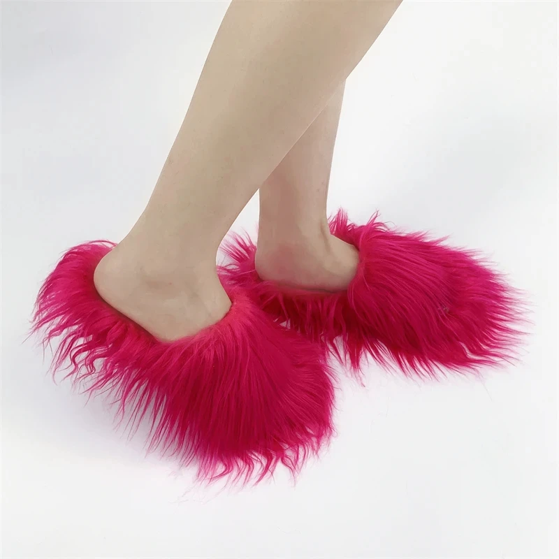 Faux Fur Slippers 2025 Women Winter Plush Warm Home Flat Slides Mongolian Wool Flip Flops Y2K Girls Furry Shoes Cute Slippers