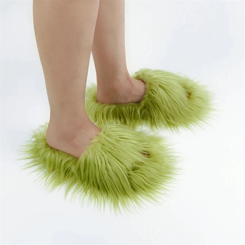 Faux Fur Slippers 2025 Women Winter Plush Warm Home Flat Slides Mongolian Wool Flip Flops Y2K Girls Furry Shoes Cute Slippers