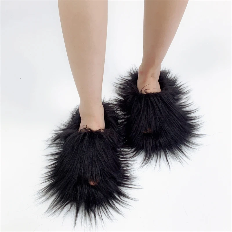 Faux Fur Slippers 2025 Women Winter Plush Warm Home Flat Slides Mongolian Wool Flip Flops Y2K Girls Furry Shoes Cute Slippers