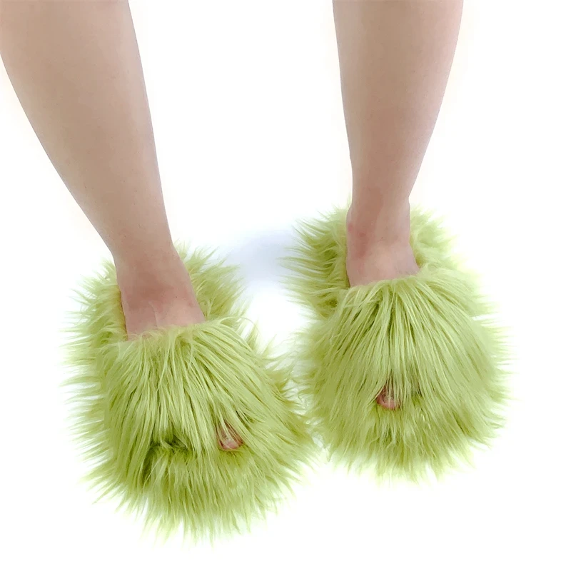 Faux Fur Slippers 2025 Women Winter Plush Warm Home Flat Slides Mongolian Wool Flip Flops Y2K Girls Furry Shoes Cute Slippers
