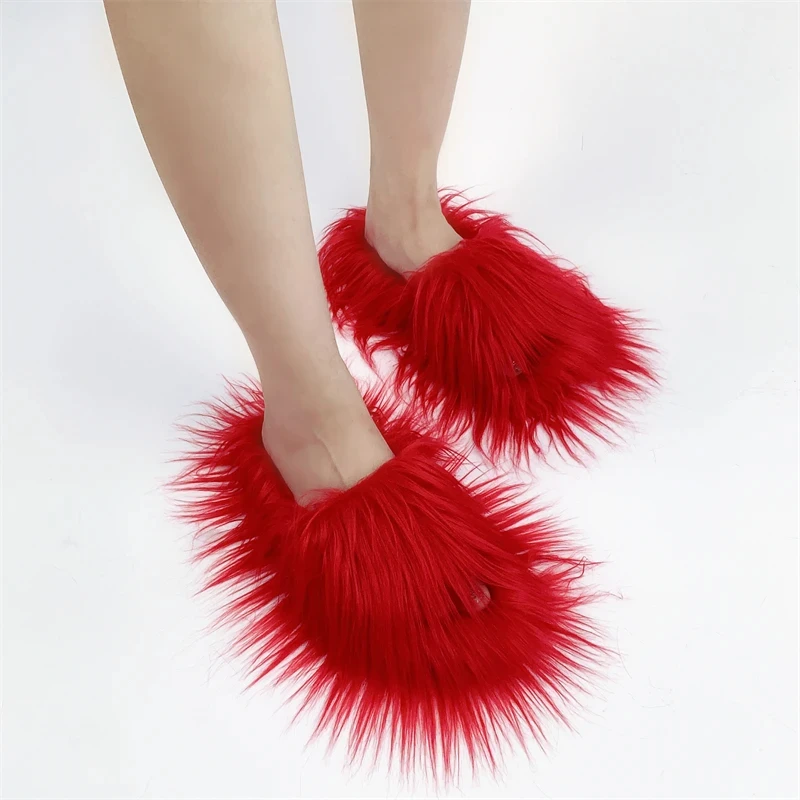 Faux Fur Slippers 2025 Women Winter Plush Warm Home Flat Slides Mongolian Wool Flip Flops Y2K Girls Furry Shoes Cute Slippers