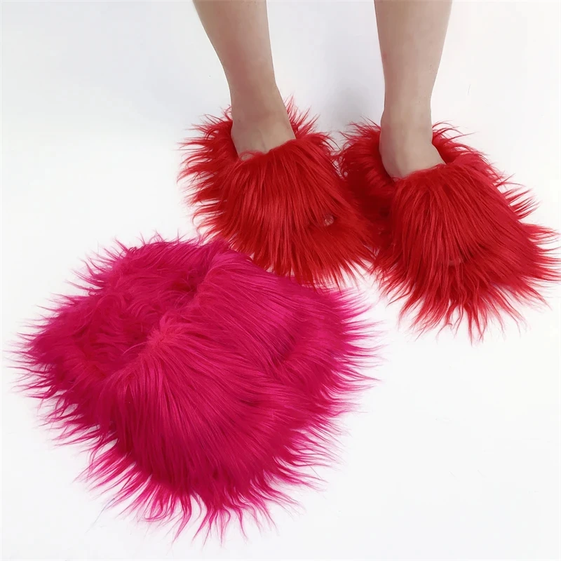 Faux Fur Slippers 2025 Women Winter Plush Warm Home Flat Slides Mongolian Wool Flip Flops Y2K Girls Furry Shoes Cute Slippers
