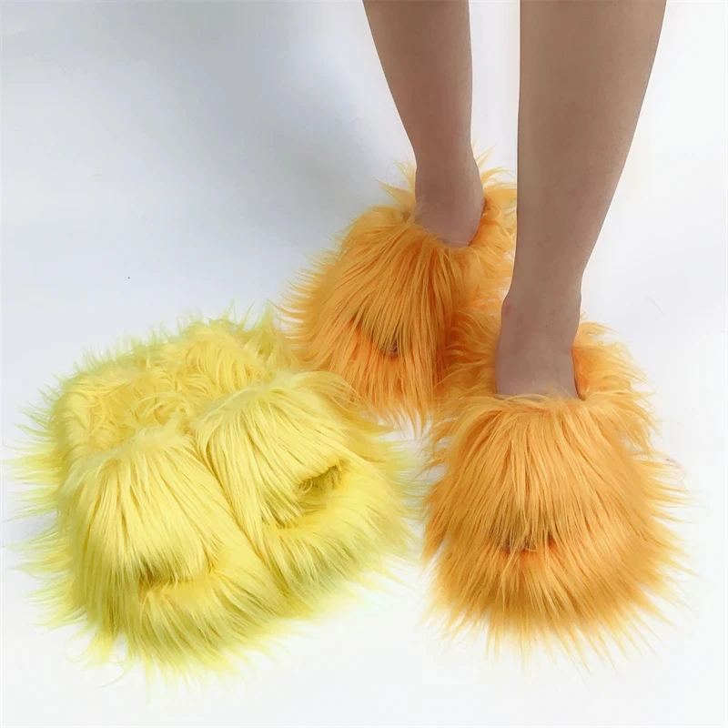 Faux Fur Slippers 2025 Women Winter Plush Warm Home Flat Slides Mongolian Wool Flip Flops Y2K Girls Furry Shoes Cute Slippers
