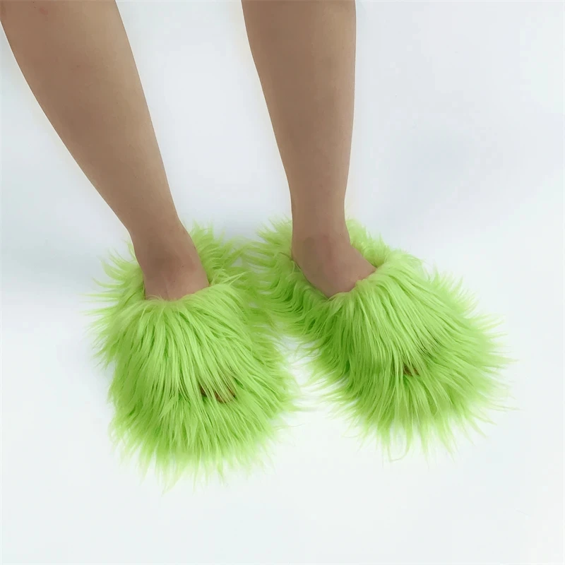 Faux Fur Slippers 2025 Women Winter Plush Warm Home Flat Slides Mongolian Wool Flip Flops Y2K Girls Furry Shoes Cute Slippers