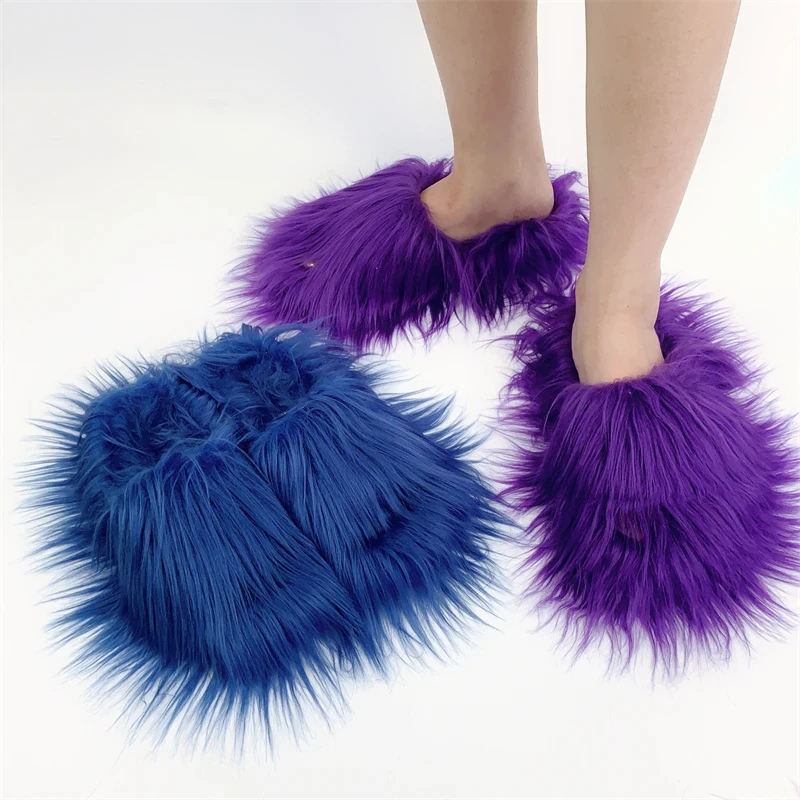 Faux Fur Slippers 2025 Women Winter Plush Warm Home Flat Slides Mongolian Wool Flip Flops Y2K Girls Furry Shoes Cute Slippers