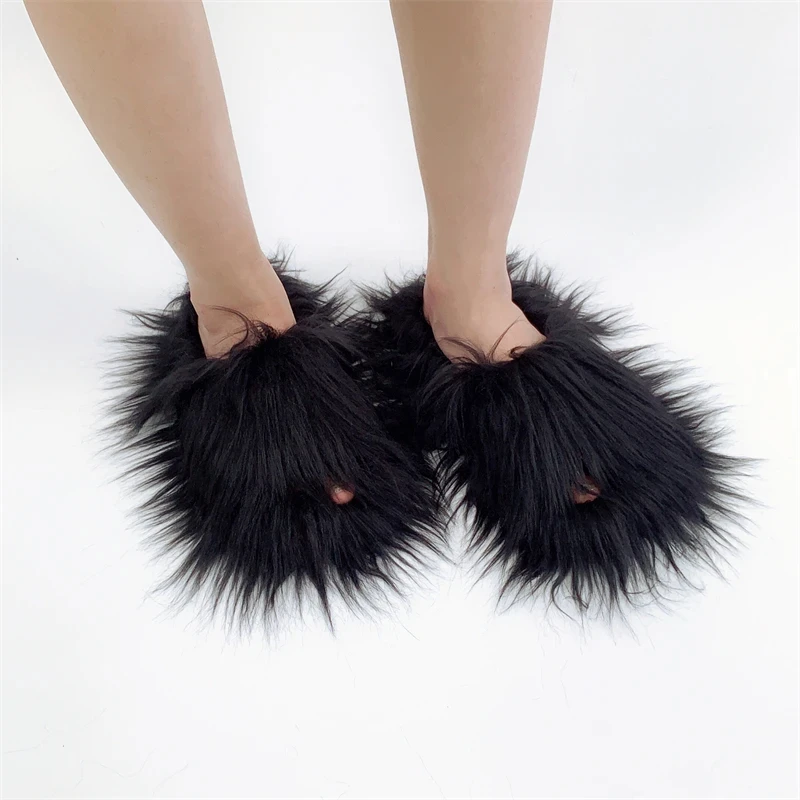 Faux Fur Slippers 2025 Women Winter Plush Warm Home Flat Slides Mongolian Wool Flip Flops Y2K Girls Furry Shoes Cute Slippers