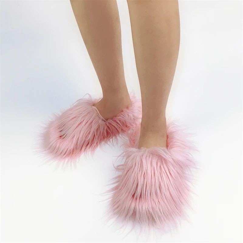 Faux Fur Slippers 2025 Women Winter Plush Warm Home Flat Slides Mongolian Wool Flip Flops Y2K Girls Furry Shoes Cute Slippers