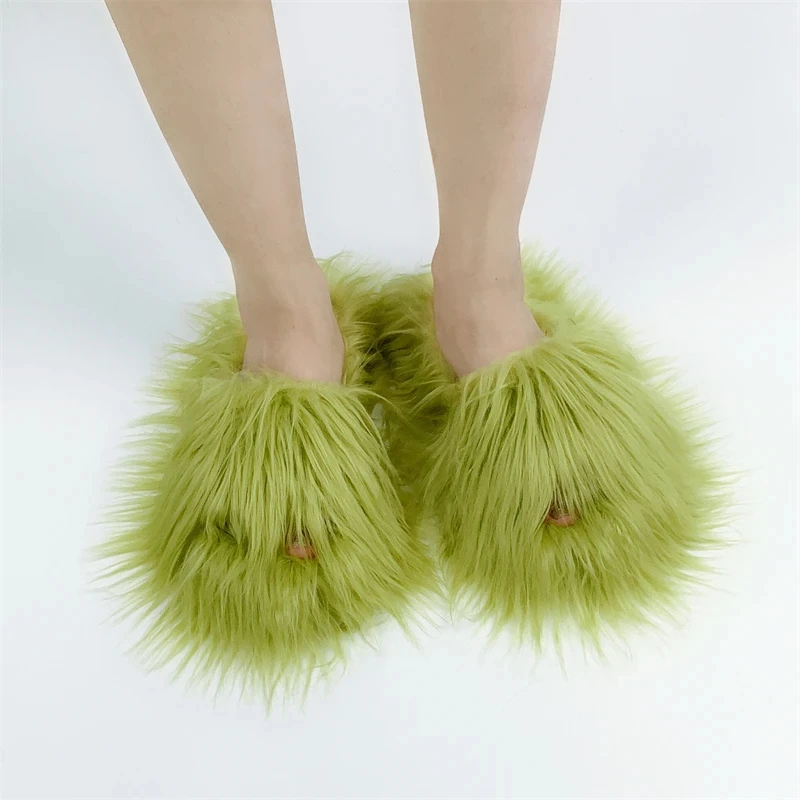 Faux Fur Slippers 2025 Women Winter Plush Warm Home Flat Slides Mongolian Wool Flip Flops Y2K Girls Furry Shoes Cute Slippers