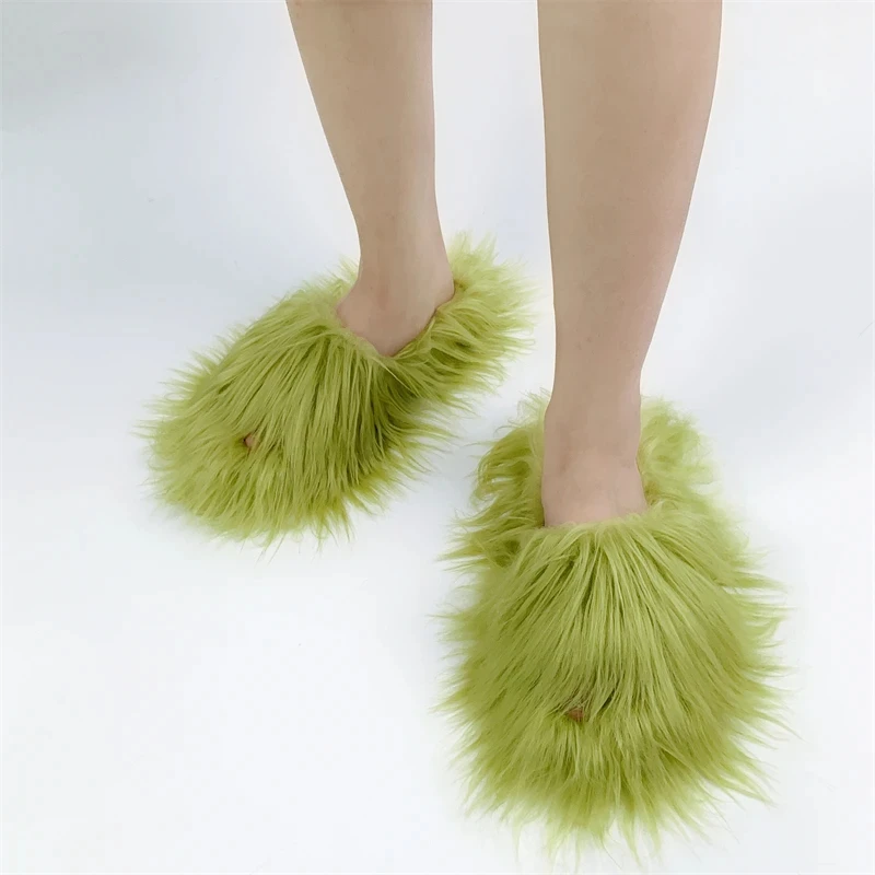 Faux Fur Slippers 2025 Women Winter Plush Warm Home Flat Slides Mongolian Wool Flip Flops Y2K Girls Furry Shoes Cute Slippers