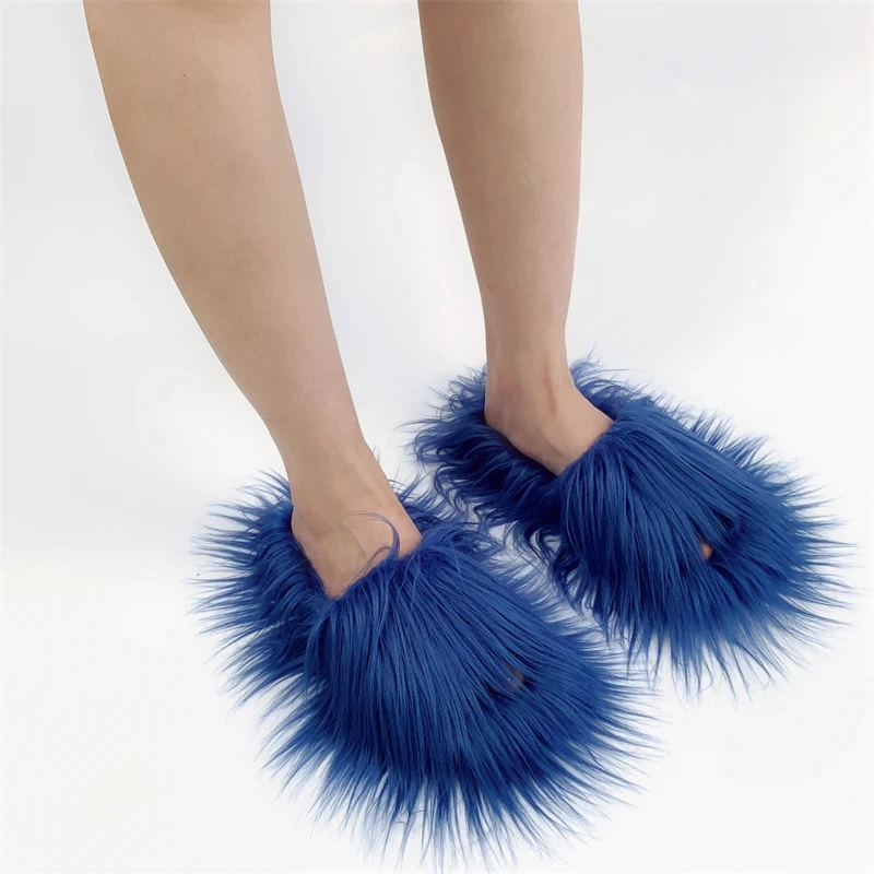 Faux Fur Slippers 2025 Women Winter Plush Warm Home Flat Slides Mongolian Wool Flip Flops Y2K Girls Furry Shoes Cute Slippers