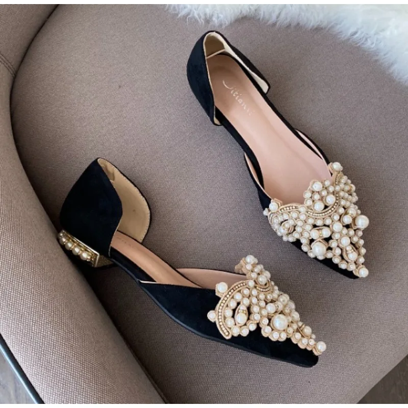 New Crown Pearl Flats Women Wedding Shoes Pointed Toe Female Dress Moccasins Low Pearl Heel Ladies Fashion Luxury Style 43