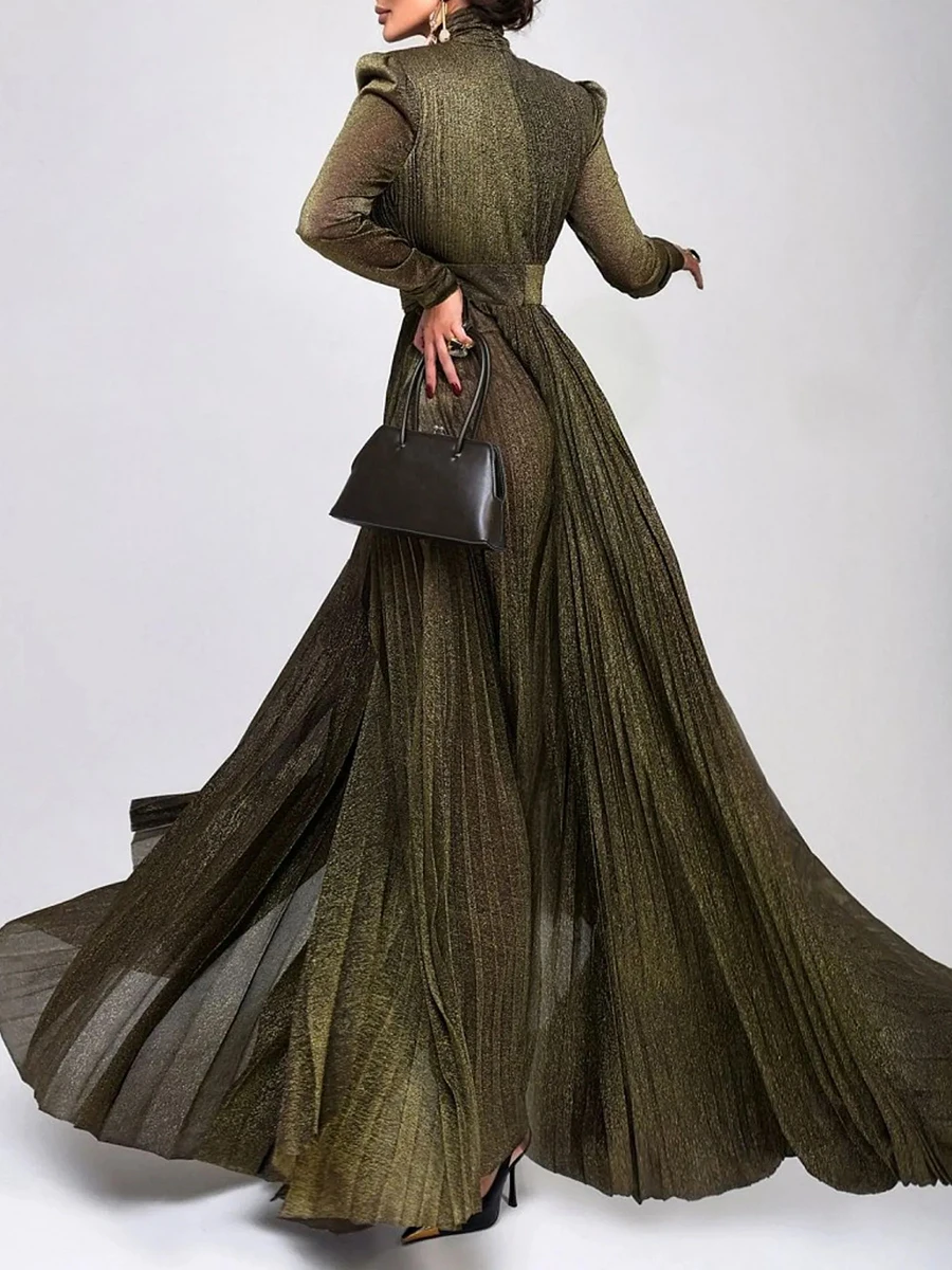 TWOTWINSTYLE Solid Spliced Belt Slimming Dresses For Women O Neck Long Sleeve High Waist Temperament Long Dress Female Clothes