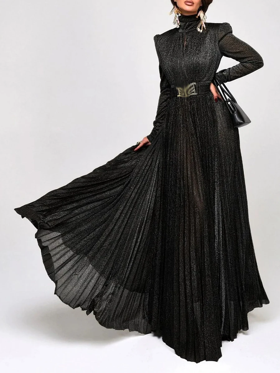 TWOTWINSTYLE Solid Spliced Belt Slimming Dresses For Women O Neck Long Sleeve High Waist Temperament Long Dress Female Clothes