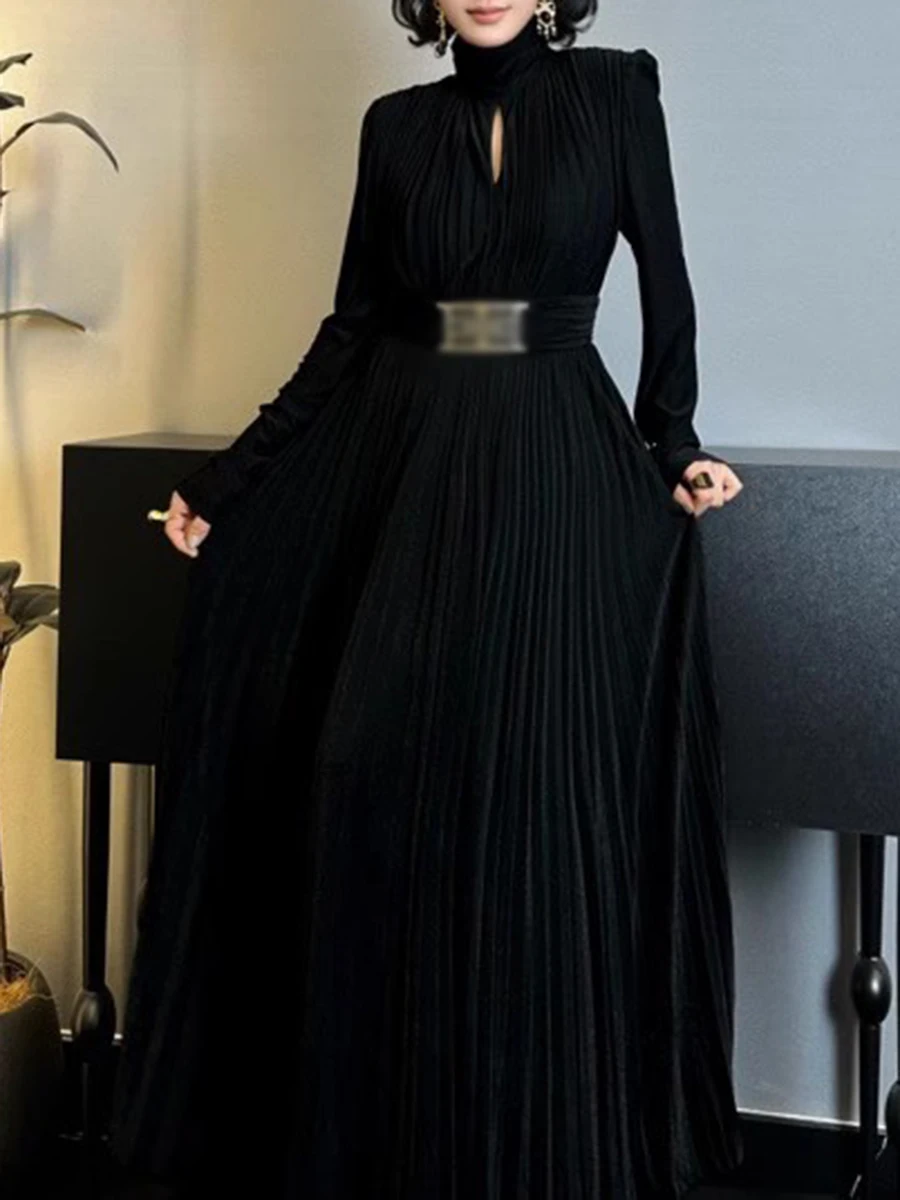 TWOTWINSTYLE Solid Spliced Belt Slimming Dresses For Women O Neck Long Sleeve High Waist Temperament Long Dress Female Clothes