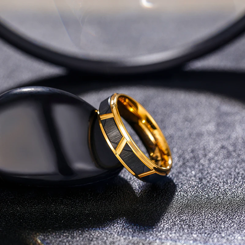 Tigrade 6mm/8mm Mens Tungsten Rings Groove Beveled Edge Pattern Brushed Black Gold Color Wedding Bands Engagement Ring