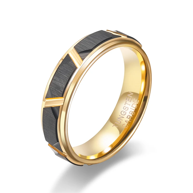 Tigrade 6mm/8mm Mens Tungsten Rings Groove Beveled Edge Pattern Brushed Black Gold Color Wedding Bands Engagement Ring