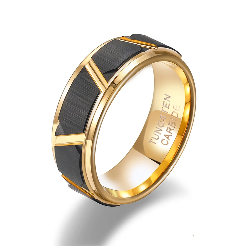 Tigrade 6mm/8mm Mens Tungsten Rings Groove Beveled Edge Pattern Brushed Black Gold Color Wedding Bands Engagement Ring