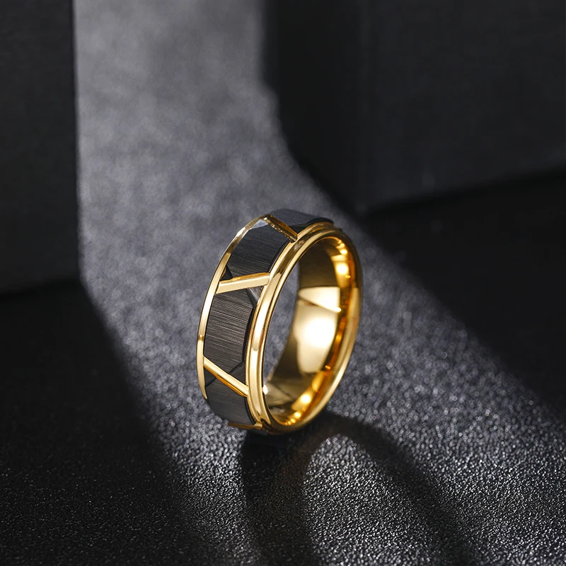 Tigrade 6mm/8mm Mens Tungsten Rings Groove Beveled Edge Pattern Brushed Black Gold Color Wedding Bands Engagement Ring