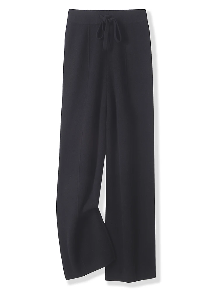 100% Merino Wool Pants Women Autumn Winter Casual Wide Leg Trousers Middle Seam Style Knitted Cashmere Soft Lace-up Trendy Pants