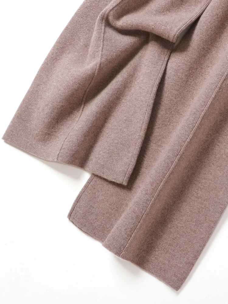 100% Merino Wool Pants Women Autumn Winter Casual Wide Leg Trousers Middle Seam Style Knitted Cashmere Soft Lace-up Trendy Pants