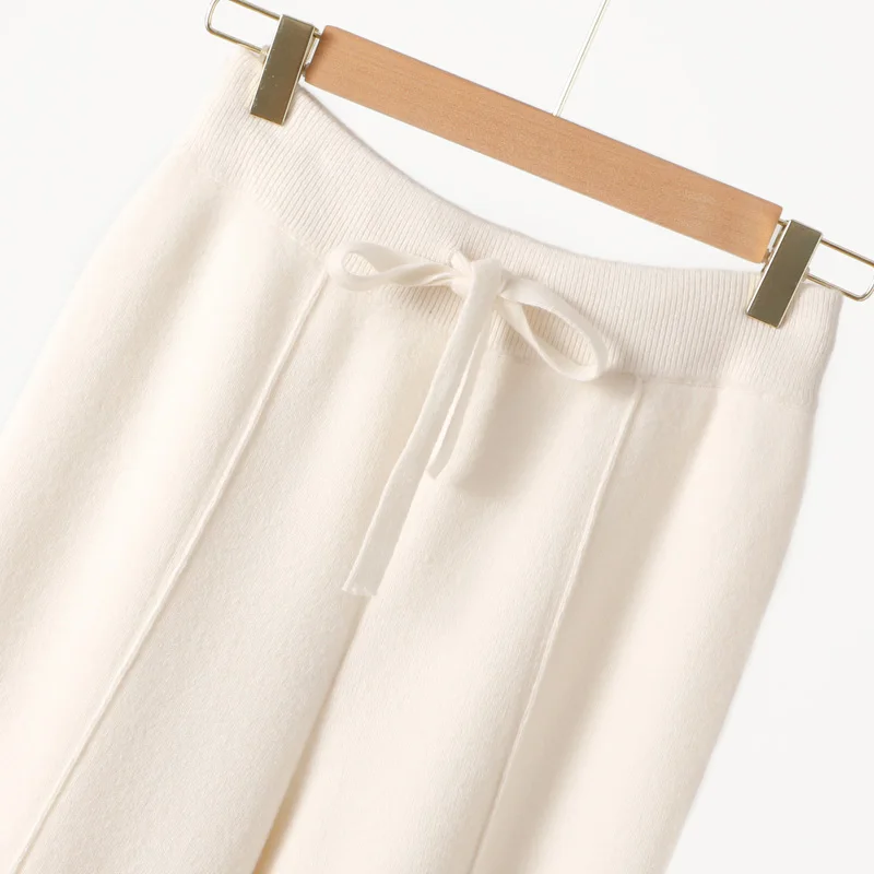 100% Merino Wool Pants Women Autumn Winter Casual Wide Leg Trousers Middle Seam Style Knitted Cashmere Soft Lace-up Trendy Pants