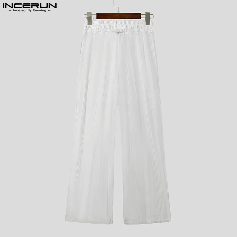 INCERUN See Through Pants Men Hansome Stripes Splicing Trousers Casual Loose Solid Color Bottoms Elegant Leisure Party Pants