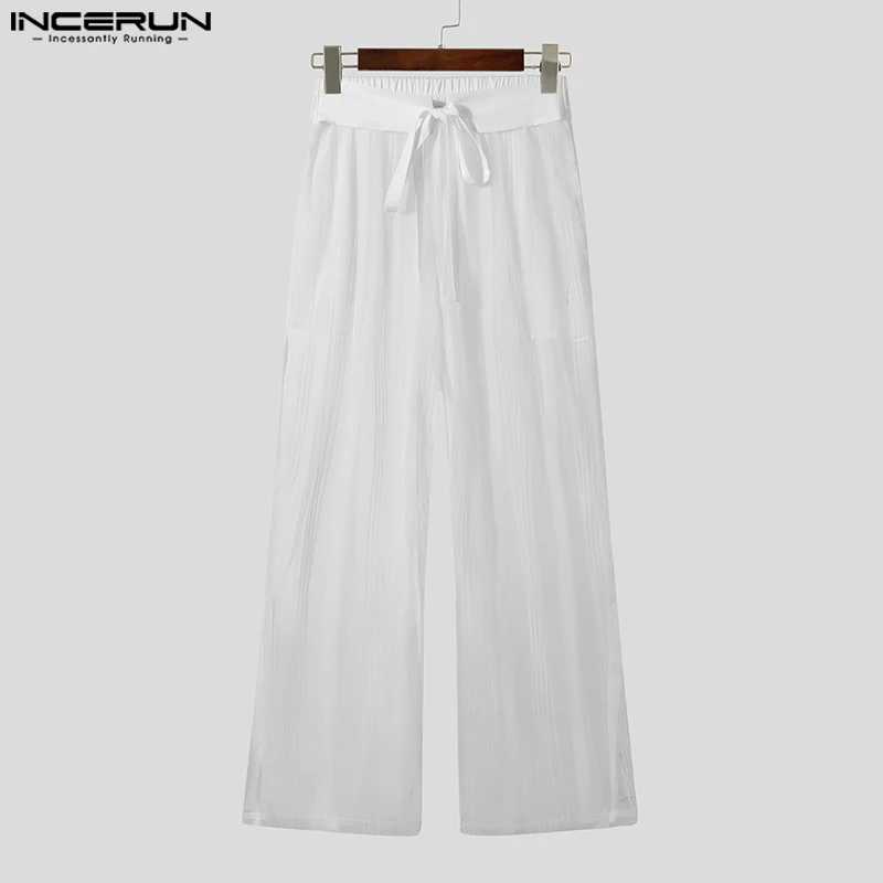 INCERUN See Through Pants Men Hansome Stripes Splicing Trousers Casual Loose Solid Color Bottoms Elegant Leisure Party Pants