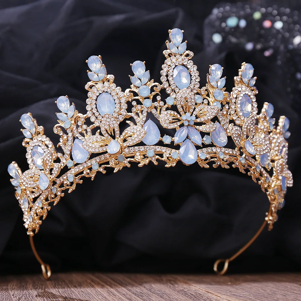 KMVEXO Baroque Luxury Water Drop Flower Crystal Opal Tiara For Women Wedding Girls Birthday Party Elegant Crown Hair Accessories