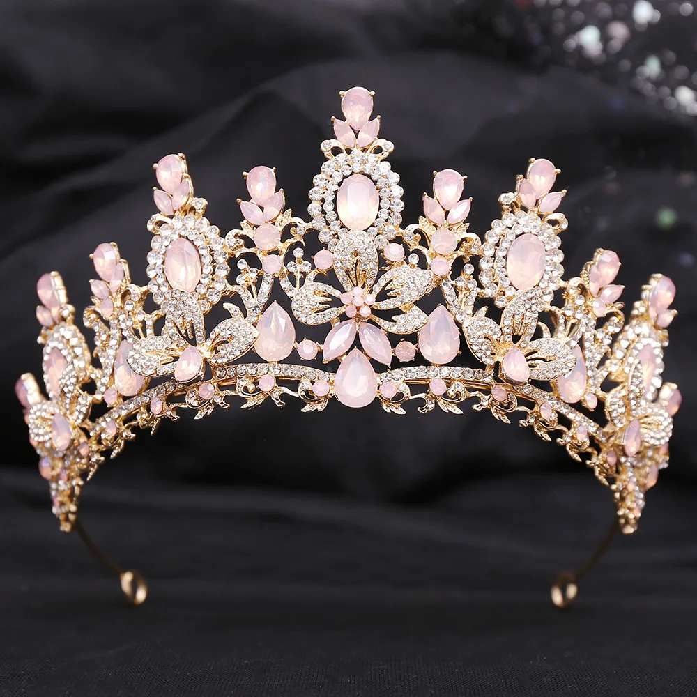 KMVEXO Baroque Luxury Water Drop Flower Crystal Opal Tiara For Women Wedding Girls Birthday Party Elegant Crown Hair Accessories