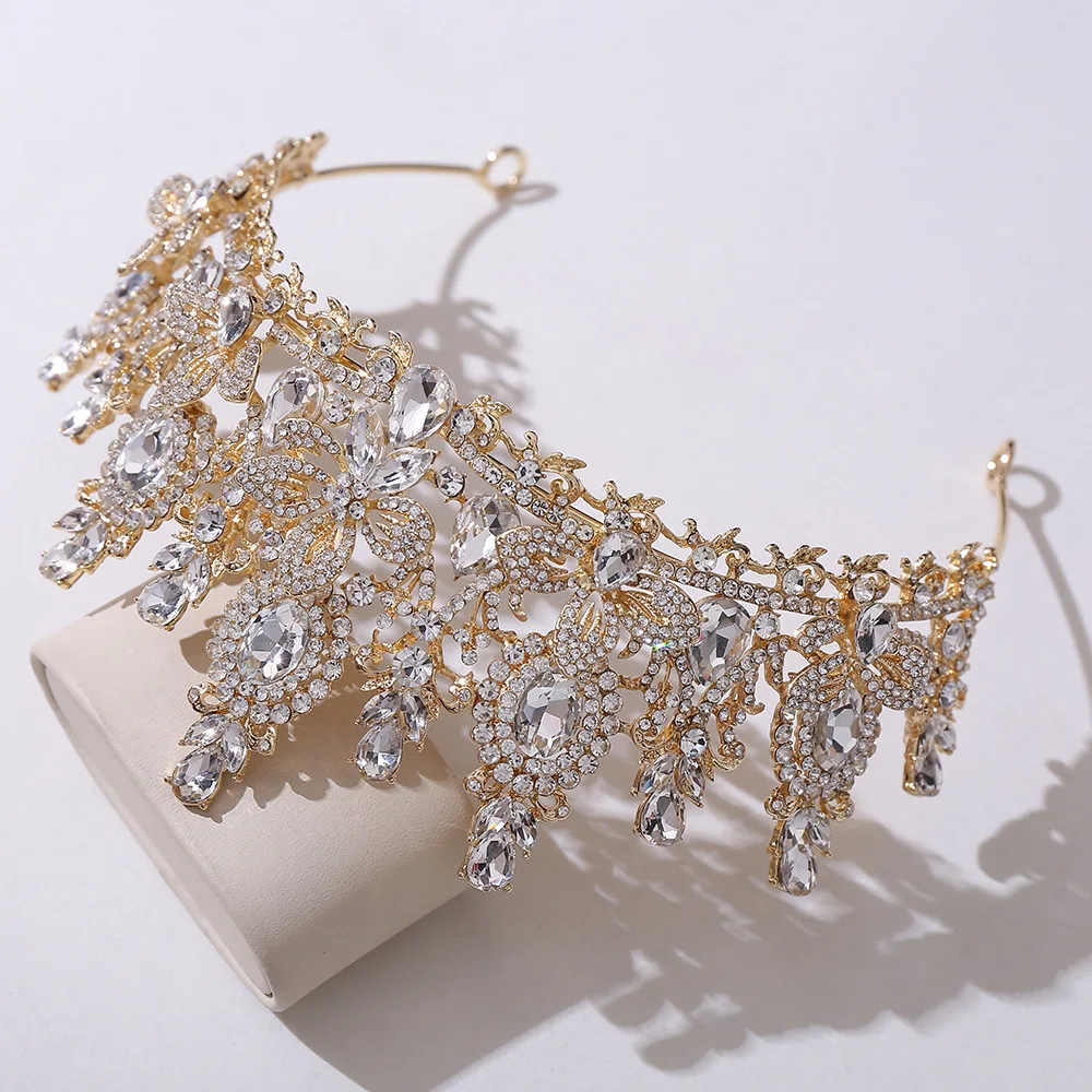KMVEXO Baroque Luxury Water Drop Flower Crystal Opal Tiara For Women Wedding Girls Birthday Party Elegant Crown Hair Accessories
